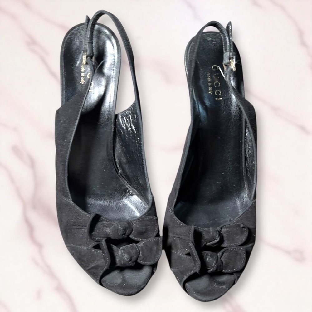 Gucci Black Suede Bow Slingback Heels Peep Toe Stiletto Shoes Size 36.5